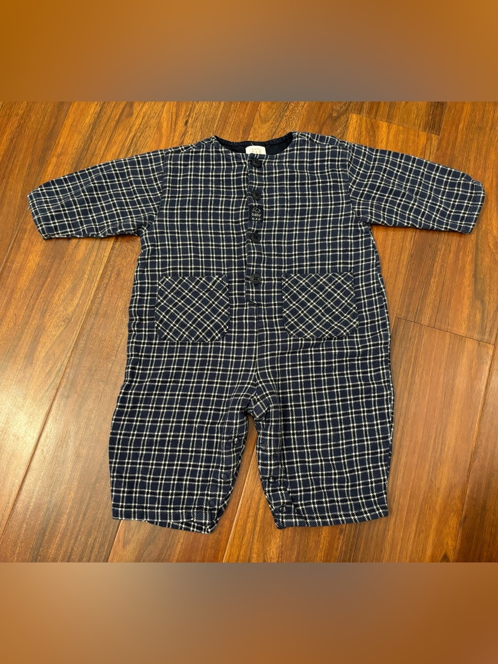 Baby Gap navy/black plaid long sleeve flannel jumpsuit